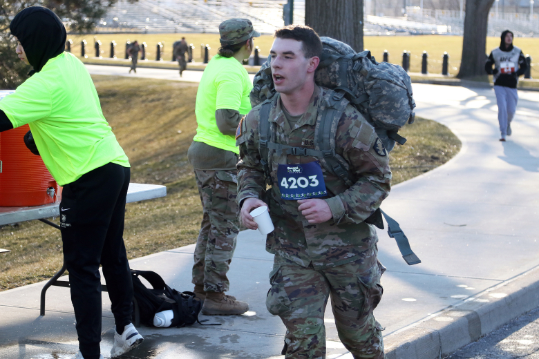 The Army West Point Marathon Team hosted the seventh annual Fallen Comrades Half Marathon March 19 at the U.S. Military Academy. This year, 638 participants braved brisk sub-32-degree weather to partake in a one-mile Kids Fun Run in addition to the 13.1-mile run and ruck march throughout the West Point post starting and finishing at Michie Stadium. The race is dedicated to those members of the Long Gray Line who served during war and paid the ultimate sacrifice. The team celebrates their memory with a