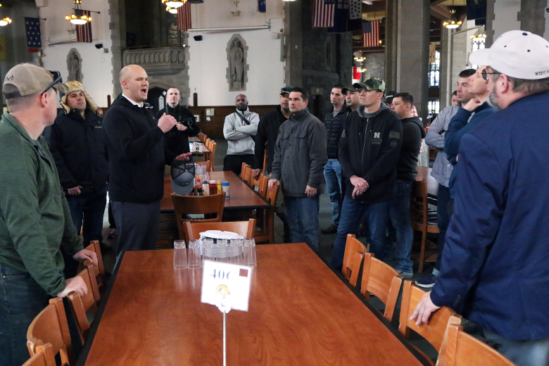 About 40 noncommissioned officers and officers from 2nd Battalion, 315th Brigade Engineer Battalion “Shogun” from Fort Dix, N.J., toured the U.S. Military Academy March 30 as part of a unique professional development staff ride opportunity and to build an esprit de corps among the unit members.    (Photo by Eric S. Bartelt/PV)