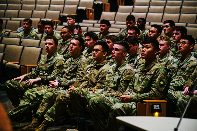 After nearly 50 years, the original Company H-1 guidon was returned to Company H-1 during a ceremony on March 25 at Robinson Auditorium in Thayer Hall. U.S. Naval Academy Midshipmen stole the H-1 guidon and other companies’ guidons during the 1974 Army-Navy Game. While other guidons were later returned, the H-1 guidon remained lost in possession of Midshipmen for 50 years. Former Company H-1 members regained possession of the original guidon by exchanging it for a Company H-1 challenge coin. 