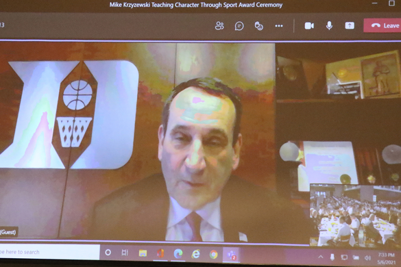 The U.S. Military Academy and the Department of Physical Education presented the 15th annual Coach Mike Krzyzewski Character Through Sport Award during a combined in-person dinner/virtual ceremony May 6 at the Cadet Mess Hall. As Krzyzewski (right), USMA Class of 1969 graduate, tuned in through Microsoft Teams, Superintendent Lt. Gen. Darryl A. Williams (pictured) and Dean of the Academic Board Cindy Jebb (not pictured) presented cadet athletes, coaches, officers-in-charge and sport educators with the Coach