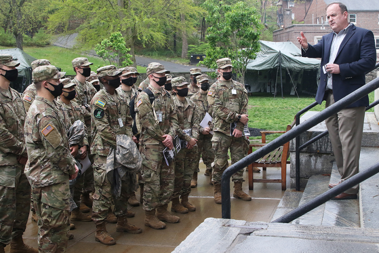 Dr. Peter Kilner, Simon Center for the Professional Military Ethic chair of character development, begins the “Inspiration to Serve” Cemetery Tour with an orientation brief on the steps of the Old Cadet Chapel to Company G-2 cadets April 29 at the West Point Cemetery.