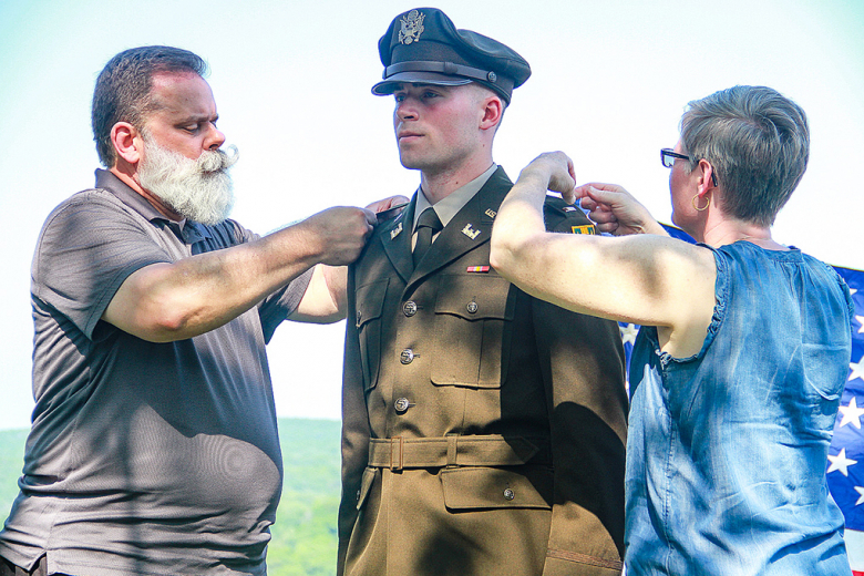 New 2nd Lts. Josiah Spain (top), Alexa Zammit (left) and Isaac Hagberg (above) have their second lieutenant bars placed on their shoulders by family members and recite the oath to take official responsibility as officers in the U.S. Army Saturday at West Point.     (Photos by Jorge Garcia/PV, Elizabeth Woodruff/USMA PAO and Class of 2023 Cadet Tyler Williams)