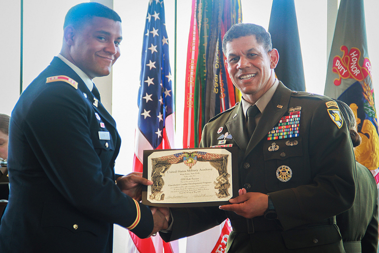 The Eisenhower Leader Development Program starts with a competitive selection process at West Point. Every year, scores of senior captains apply to the program from across the Army, and only the officers with the strongest records of proven leadership and highest intellectual potential are selected. This year, 21 officers and one NCO graduated Friday in the Haig Room, to include two guest officers who participated in the ELDP: 1st Lt. Christos Tamouridis from the Greek Army and Maj. Kimberly Guest from the 