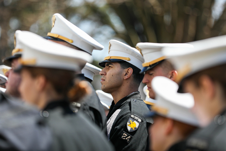 Class of 2024 cadets listens to speakers during the “Inspiration to Serveˮ tour April 29 in the West Point Cemetery.