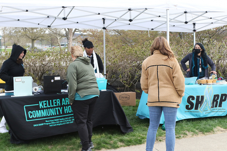 Members of Keller Army Community Hospital manned the SHARP tents during the event. (Below right) Members of the Corps of Cadets were among several hundred who traveled the Walk A Mile in support of those who were sexually harassed and assaulted, and to keep it in the forefront of peopleʼs minds to prevent it.	     (Photos by Eric S. Bartelt/PV)