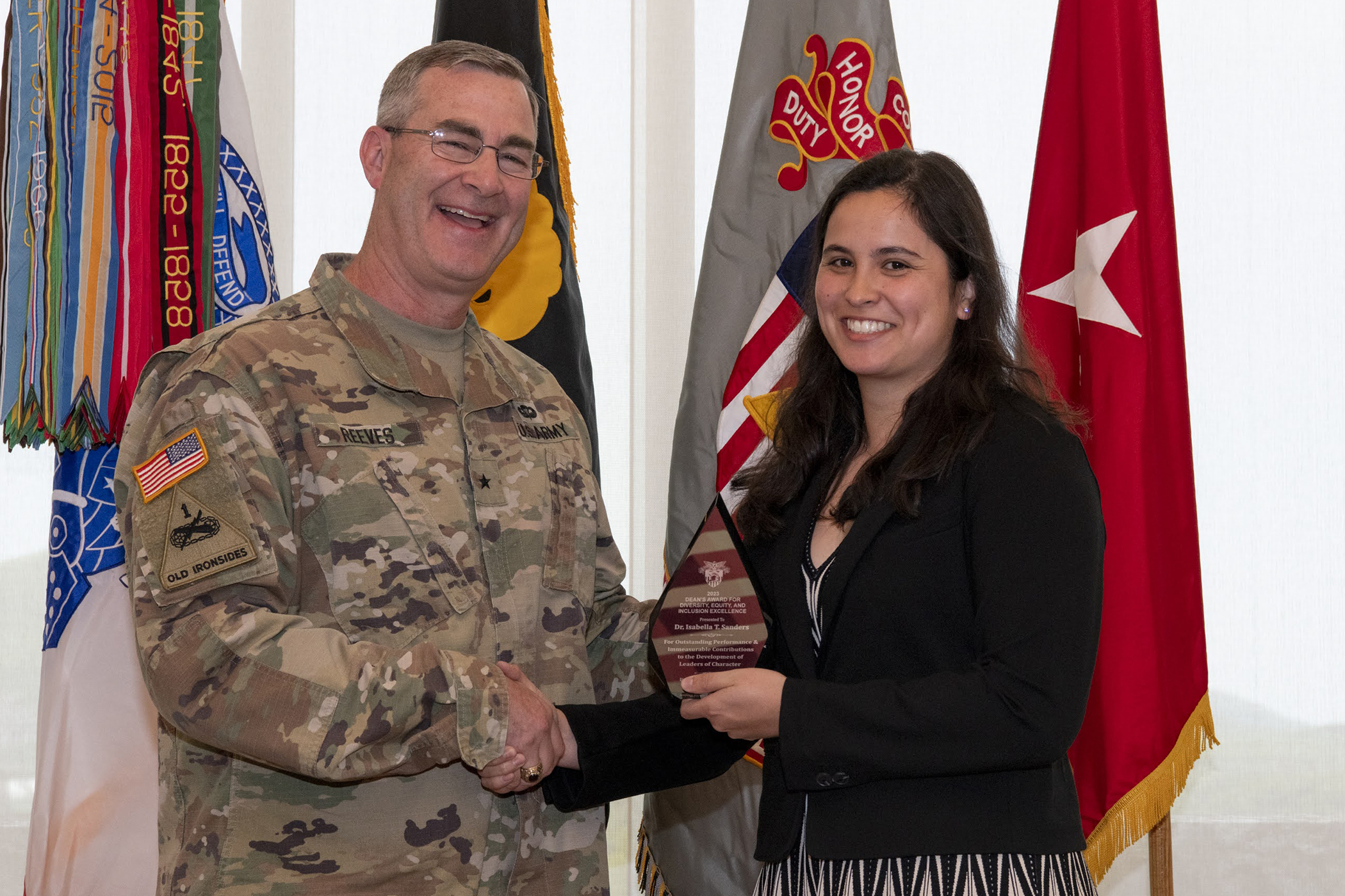 The Dean of the Academic Board, Brig. Gen. Shane Reeves, recognized instructors and professors for their excellence in several different categories, two-year master teaching program graduates and the 2023 Apgar Award recipients during a Dean’s Awards ceremony May 15 at the Haig Room.   (Photo by Kyle Osterhoudt/USMA PAO)