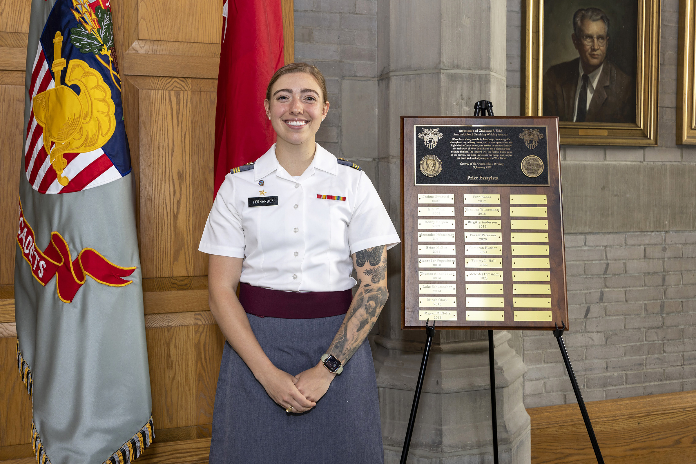 The Simon Center for the Professional Military Ethic (SCPME) hosted the 17th annual Gen. John J. Pershing Writing Award Ceremony May 24 at the Thayer Award Room. The award recognition ceremony acknowledged the top Firstie cadet awardees: Mercedez Fernandez (first place/gold medal), Jacob Lapin (second place/silver medal), Cora Haefner (third place/bronze medal) and honorable mention recipients Kelsie Edie and Anthony Marco III. Honorable mention awardee Shinkwang Moon was not present at the ceremony.