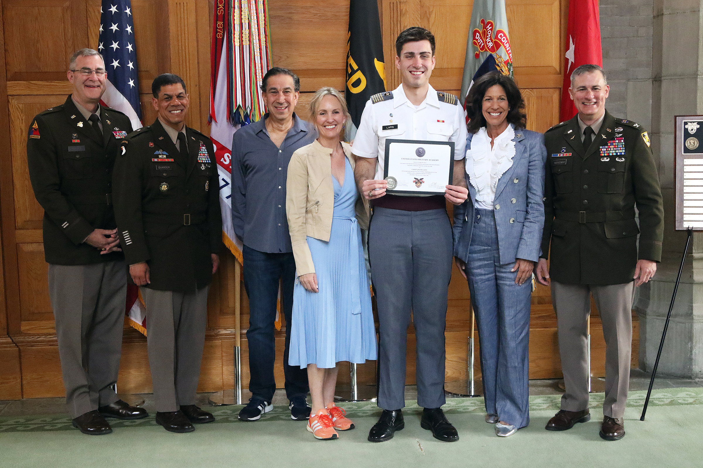 The Simon Center for the Professional Military Ethic (SCPME) hosted the 17th annual Gen. John J. Pershing Writing Award Ceremony May 24 at the Thayer Award Room. The award recognition ceremony acknowledged the top Firstie cadet awardees: Mercedez Fernandez (first place/gold medal), Jacob Lapin (second place/silver medal), Cora Haefner (third place/bronze medal) and honorable mention recipients Kelsie Edie and Anthony Marco III. Honorable mention awardee Shinkwang Moon was not present at the ceremony. 