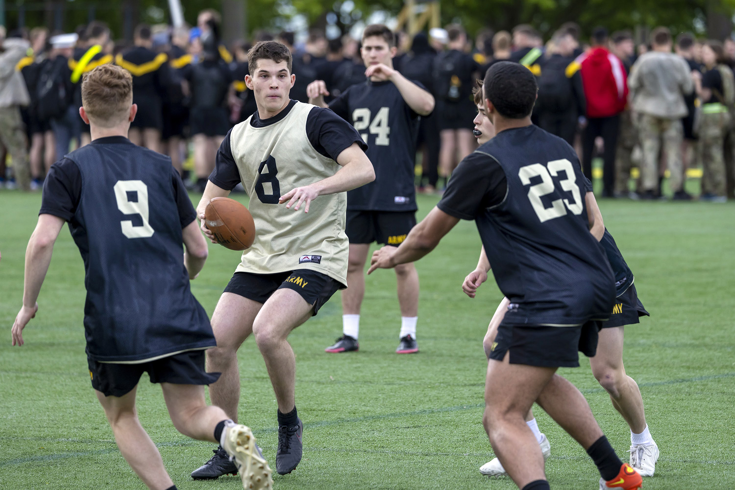 Brigade finalist teams and individuals competed in the Spring Brigade Athletics Championships among company athletic teams on May 1 at Daly Field and the Arvin Cadet Physical Development Center. The finalists competed in five sports to include Flickerball, Ultimate Frisbee, Orienteering, Team Handball and Grappling under the purview of the Department of Physical Education.   (Photo by Christopher Hennen/USMA PAO)