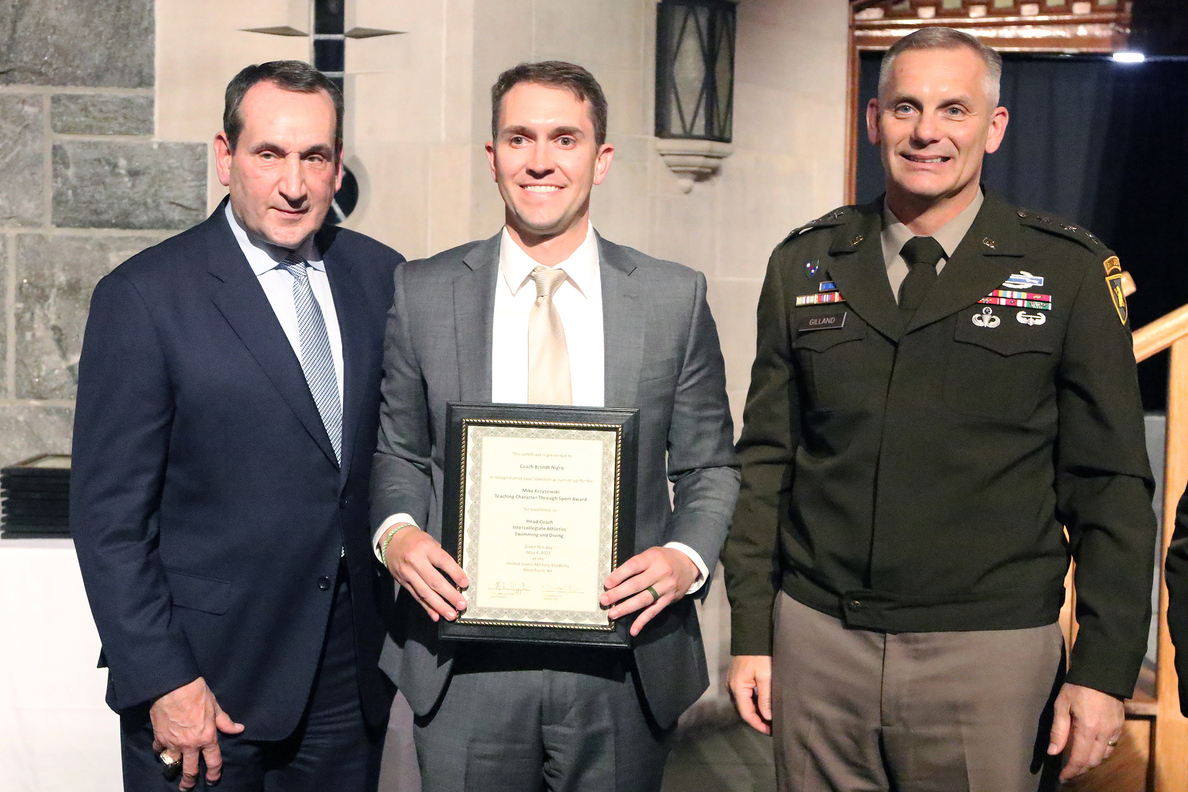 The Department of Physical Education hosted the 17th annual Mike Krzyzewski Teaching Character Through Sport Award May 4 at the Cadet Mess Hall. The award recognizes West Point cadet-athletes, coaches, officers in charge (OIC) and sport educators for their outstanding commitment to the development of noble character through athletic participation and leadership. During the ceremony, six winners and six runners-up from three categories of athletics – Company Athletics (CA), Competitive Club Athletics (CCA) 