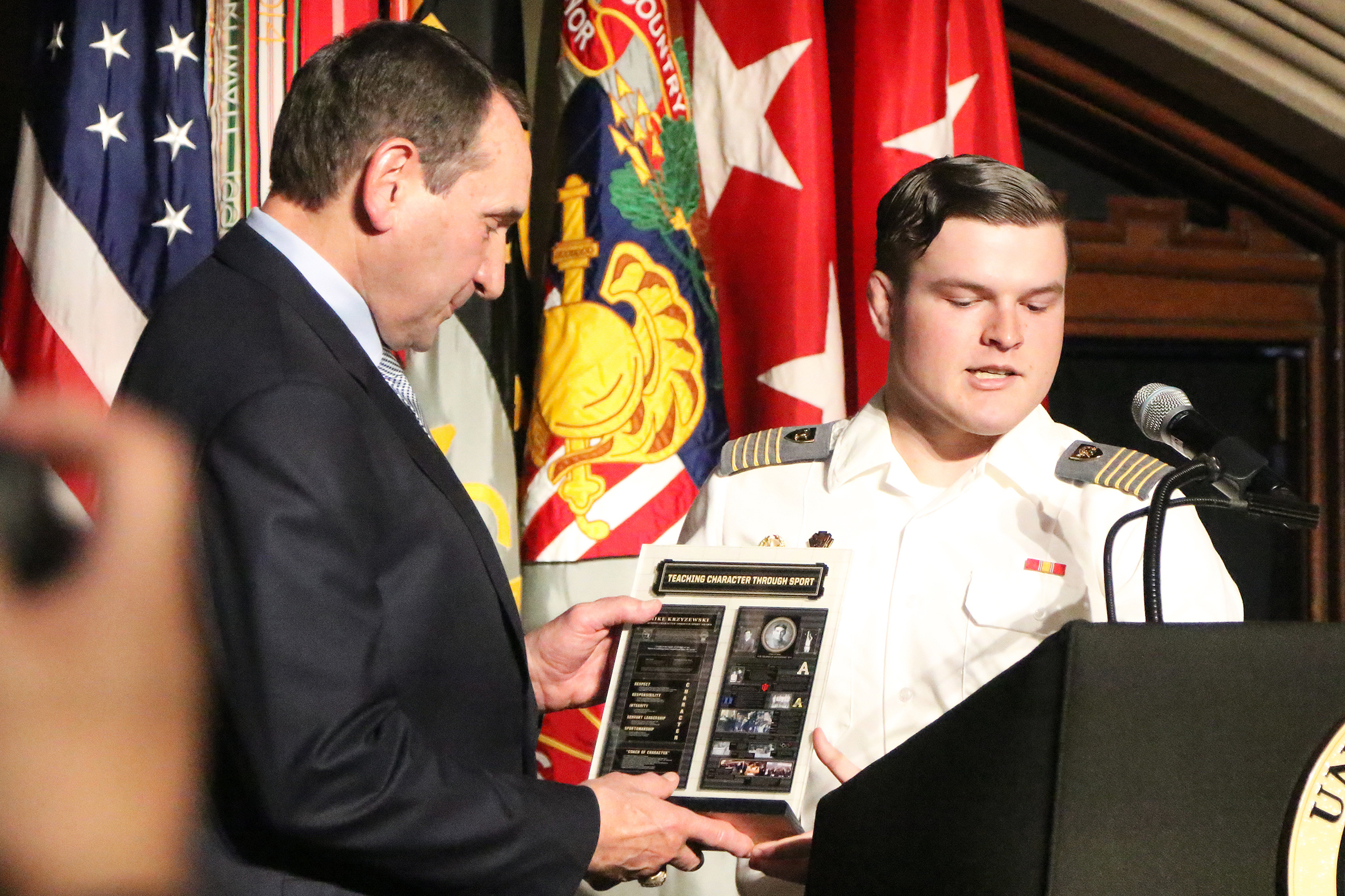 The Department of Physical Education hosted the 17th annual Mike Krzyzewski Teaching Character Through Sport Award May 4 at the Cadet Mess Hall. The award recognizes West Point cadet-athletes, coaches, officers in charge (OIC) and sport educators for their outstanding commitment to the development of noble character through athletic participation and leadership. During the ceremony, six winners and six runners-up from three categories of athletics – Company Athletics (CA), Competitive Club Athletics (CCA)