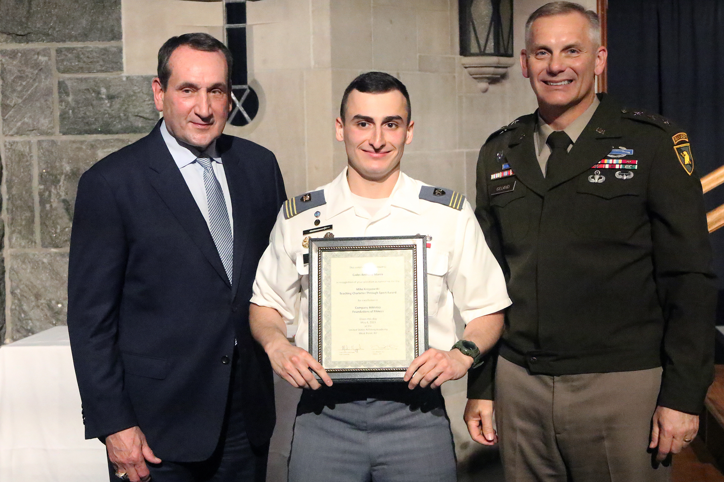 The Department of Physical Education hosted the 17th annual Mike Krzyzewski Teaching Character Through Sport Award May 4 at the Cadet Mess Hall. The award recognizes West Point cadet-athletes, coaches, officers in charge (OIC) and sport educators for their outstanding commitment to the development of noble character through athletic participation and leadership. During the ceremony, six winners and six runners-up from three categories of athletics – Company Athletics (CA), Competitive Club Athletics (CCA)