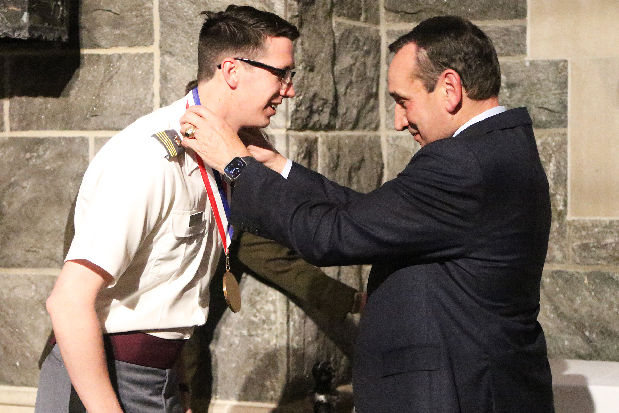 The Department of Physical Education hosted the 17th annual Mike Krzyzewski Teaching Character Through Sport Award May 4 at the Cadet Mess Hall. The award recognizes West Point cadet-athletes, coaches, officers in charge (OIC) and sport educators for their outstanding commitment to the development of noble character through athletic participation and leadership. During the ceremony, six winners and six runners-up from three categories of athletics – Company Athletics (CA), Competitive Club Athletics (CCA)