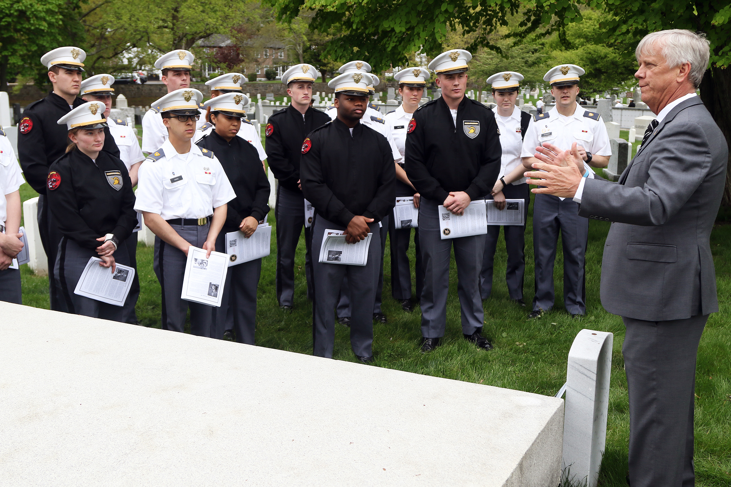 The Simon Center for the Professional Military Ethic hosted the “Inspiration to Serve” Cemetery Tour for the Class of 2025 Cadets on May 4 at the West Point Cemetery. The purpose of the annual tour is three-fold: to remember and honor fallen USMA graduates, to inspire cadets and strengthen their identities as members of the Long Gray Line, and to catalyze cadets’ reflection on their willingness to freely affirm their commitment to serve in the profession of arms, which the second-class cadets accomplish eac