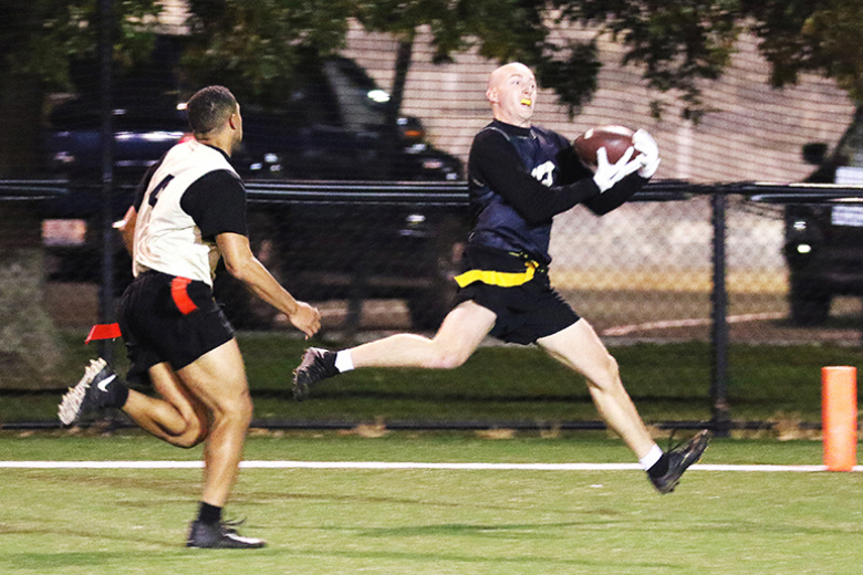 The Department of Physical Education had its Company Athleticsʼ Fall Brigade Finals Nov. 8-9 at various locations in Central Area. The sports competed for in the fall championships were soccer, flag football, basketball, submission grappling and orienteering. In soccer, Company I-1 defeated Co. A-4, 2-1, to take the championship. (Above) In orienteering, Co. F-2  earned the victory. (Above right) Co. D-3 took a hotly-contested basketball game for the win over Co. C-2, 43-41. (Bottom right) Co. G-4 destroyed