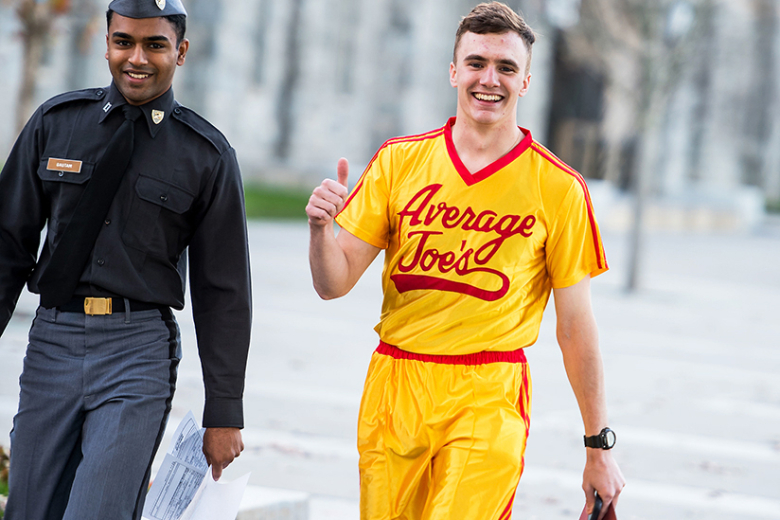 Every semester, U.S. Military Academy cadets continue the tradition of the Social Sciences Run by finding creative, unusual and comedic ways of turning in their SOSH papers when they are due. On Monday, “panic-strickened” costumed cadets dashed, walked, carted, strolled or were carried in a parade of amusement before a cheering crowd of cadets through Central Area to their final destination at Lincoln Hall to meet their deadline. The SOSH paper, which is the signature writing assignment in the required