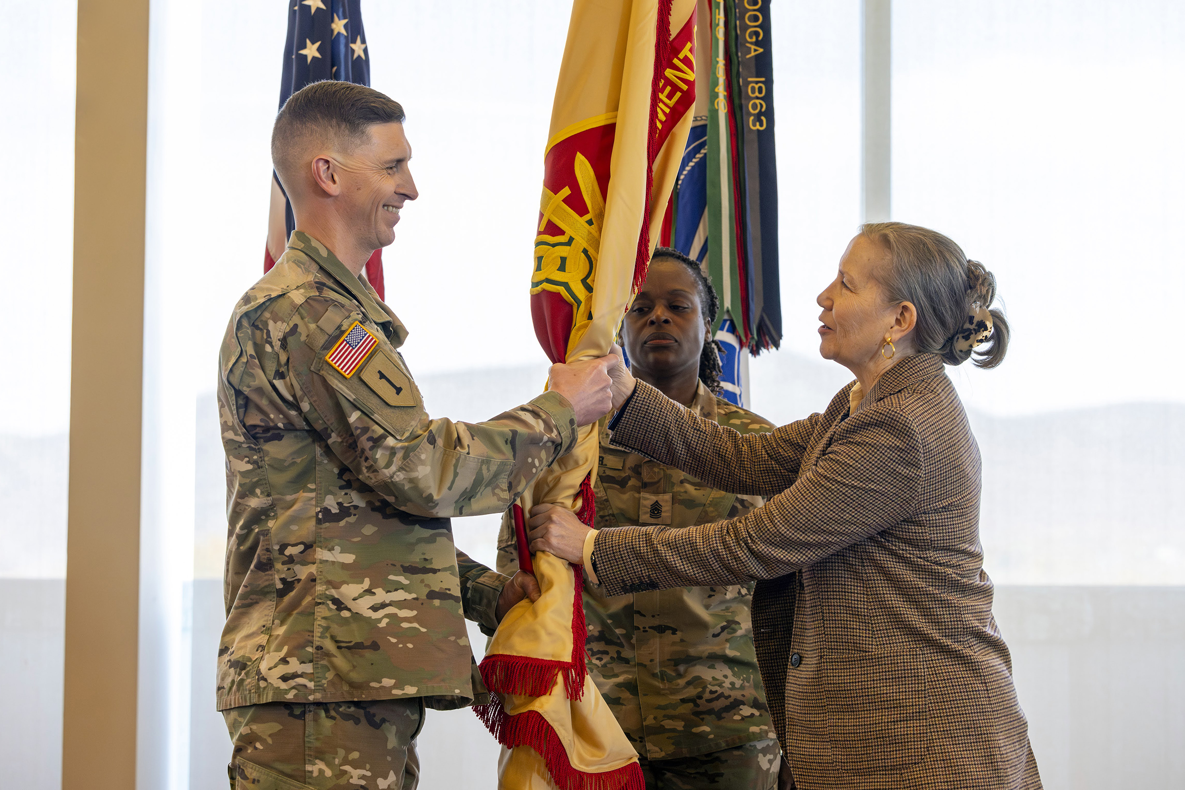 The U.S. Army Garrison West Point and the U.S. Army Installation Management Command (IMCOM) hosted the Assumption of Command ceremony of Col. Travis E. Robison Nov. 15 in the Haig Room in Jefferson Hall. During the ceremony, Robison received the unit guidon to take command from Kathryn E. McNeely, the director (acting) of IMCOM – Training, with Command Sgt. Maj. Michel R. Fraser, Garrison West Point command sergeant major, also a part of the assumption of command unit colors exchange. 