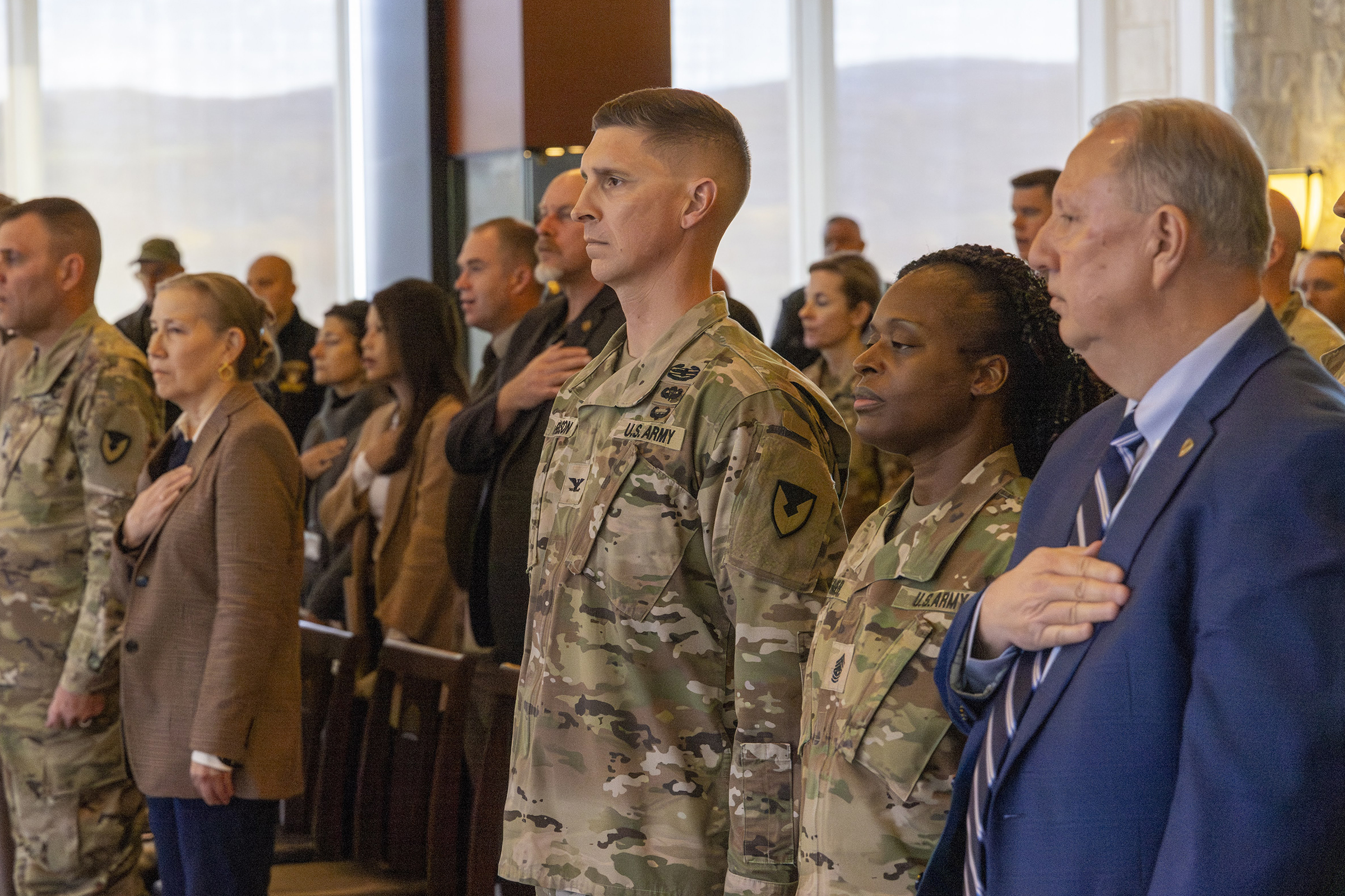 The U.S. Army Garrison West Point and the U.S. Army Installation Management Command (IMCOM) hosted the Assumption of Command ceremony of Col. Travis E. Robison Nov. 15 in the Haig Room in Jefferson Hall. During the ceremony, Robison received the unit guidon to take command from Kathryn E. McNeely, the director (acting) of IMCOM – Training, with Command Sgt. Maj. Michel R. Fraser, Garrison West Point command sergeant major, also a part of the assumption of command unit colors exchange. 