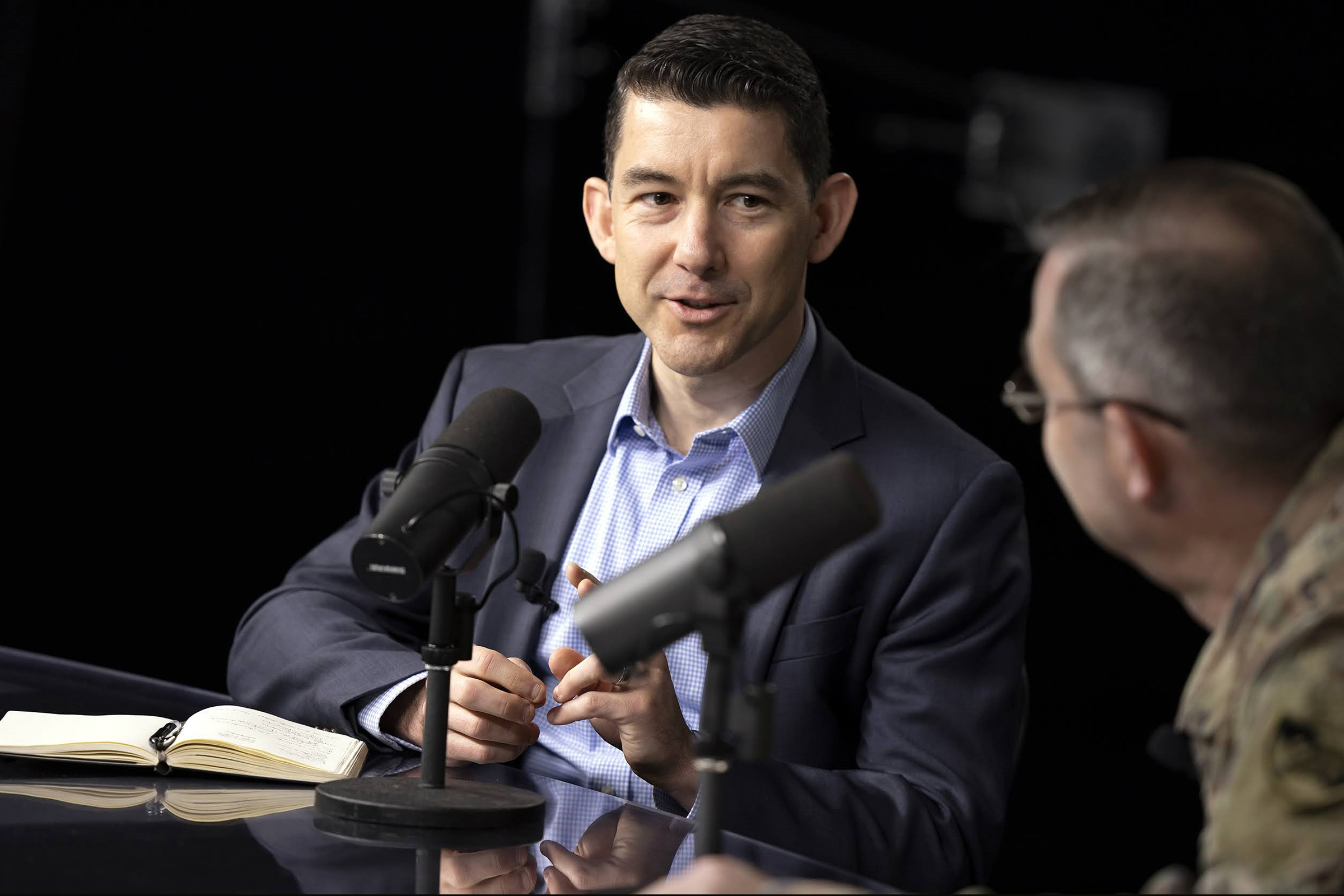 Dr. Todd Davidson, an assistant professor in the Department of Civil and Mechanical Engineering (CME), and Dean of the Academic Board Brig. Gen. Shane Reeves discuss energy technology and national defense in the most recent episode of the Inside West Point: Ideas that Impact podcast. (Photo by Christopher Hennen/USMA PAO)