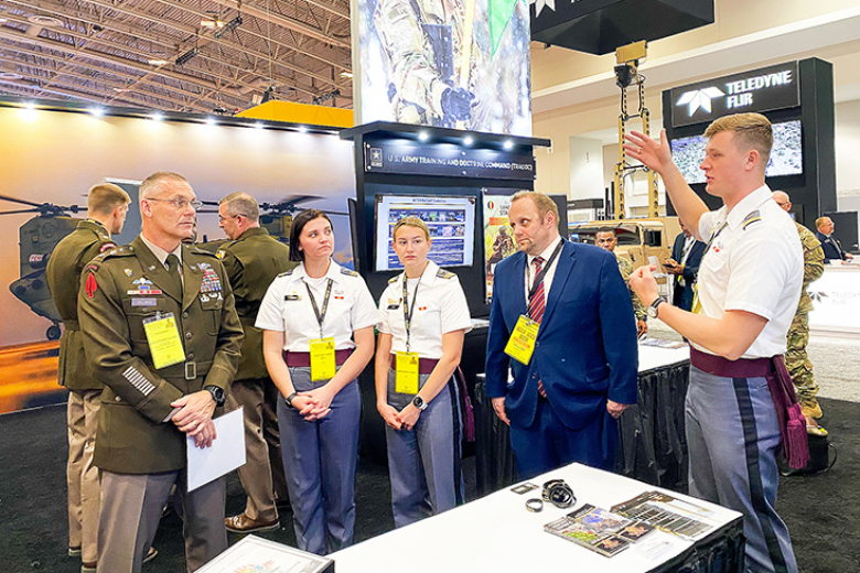 Cadets actively engage in solving real-world problems and Army issues at the largest land power exposition and professional development forum in North America at this year’s AUSA Annual Meeting and Conference in Washington D.C., Monday and Tuesday. Cadets presented their projects throughout the two days to include the Hypersonic Rocket — Cadet Josiah Gibson; High Energy Laser: Cadets Ashley Clegg and McKenzie Arns; Electrifying the Modern Battlefield: Cadet Gregory Langone; Astro Robotics: 