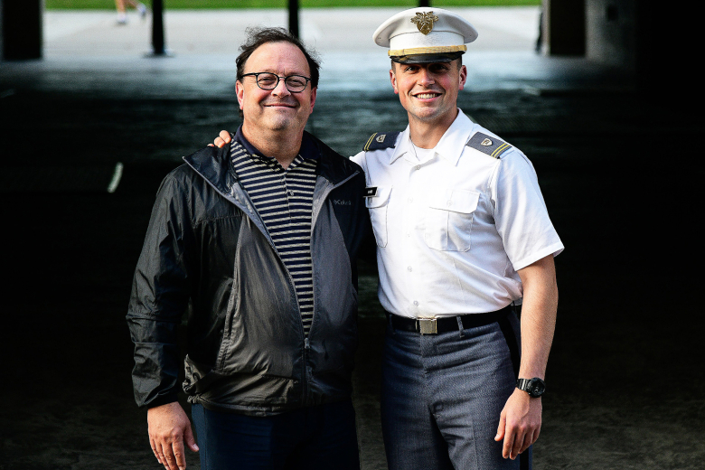 Parent Thomas Ward II (left) and Class of 2024 Cadet Thomas Ward III (right) enjoy Family Weekend Saturday at West Point.  									                          Photo by Sgt. 1st Class Luisito Brooks