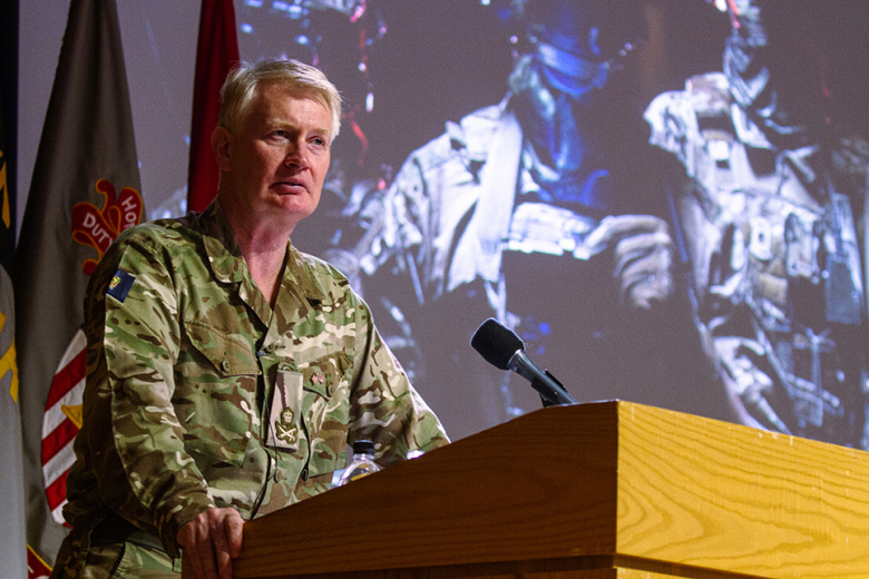 Lt. Gen. Sir Ralph Wooddisse, currently serving as commander of the British Field Army, visited the U.S. Military Academy to provide wisdom to the Corps of Cadets during the Kermit Roosevelt Lecture on Sept. 29 at Robinson Auditorium. The Kermit Roosevelt Exchange Lecture Series began in 1947. The idea for an annual exchange of American and British military lecturers came from Mrs. Kermit Roosevelt, who intended to memorialize her late husband. The exchange lectures have been held every year since 1947.   (