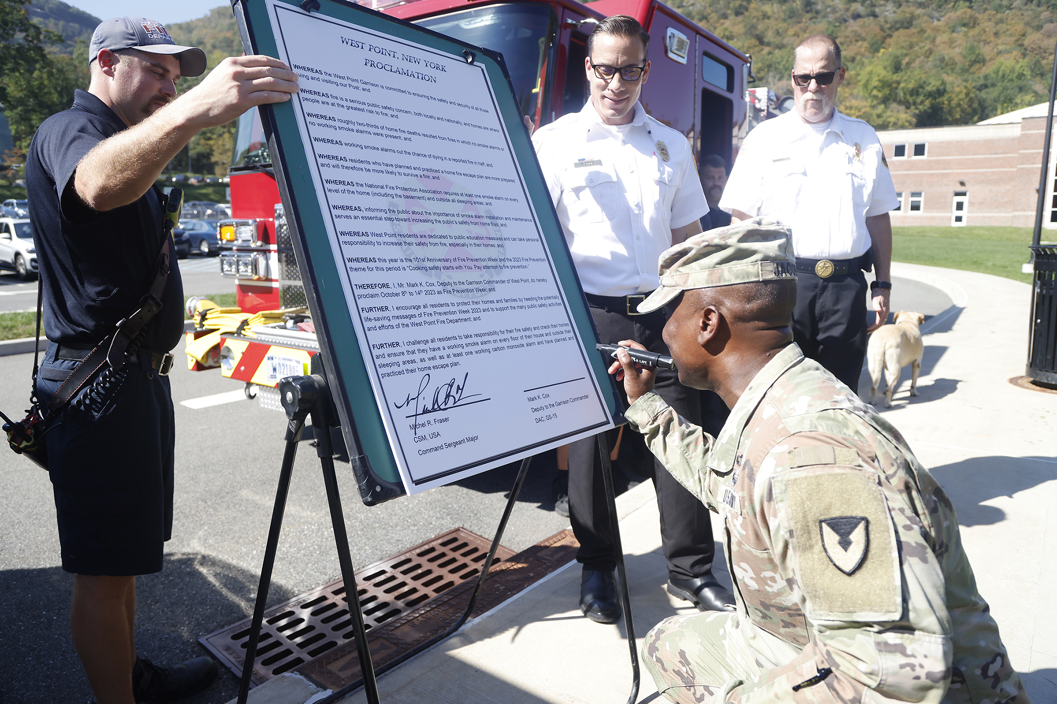 With a commitment to ensuring the safety and security of those living, working and visiting West Point, U.S. Army Garrison West Point and the West Point Fire Department (WPFD) teamed up for a Fire Prevention Week Proclamation signing Oct. 4 at the West Point Middle School (WPMS).    (Photo by Eric S. Bartelt/PV)