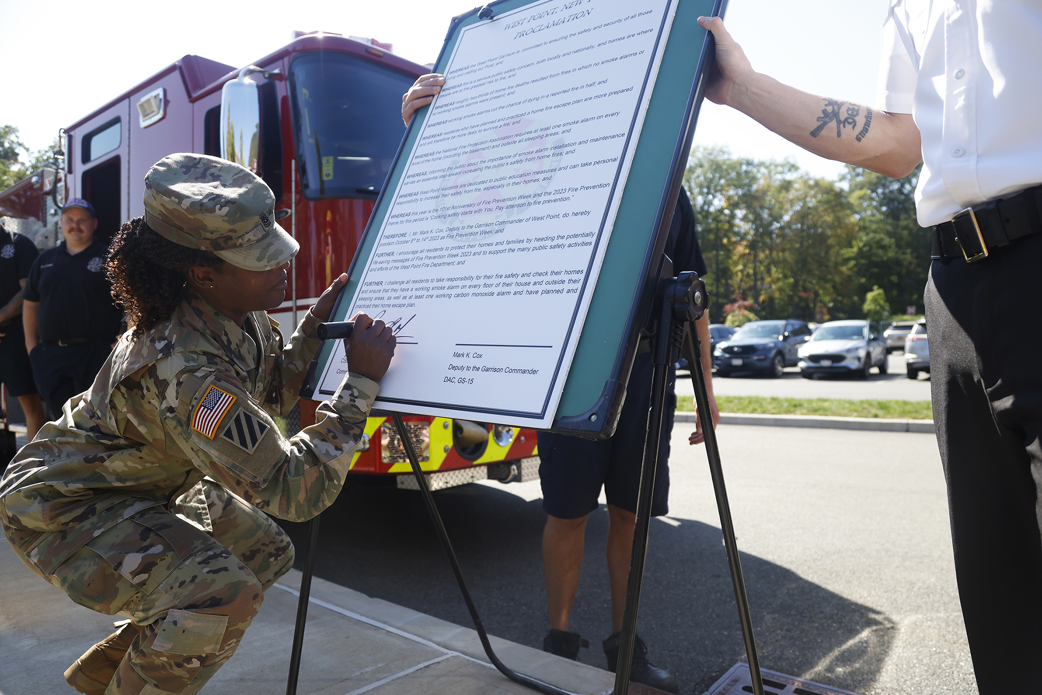With a commitment to ensuring the safety and security of those living, working and visiting West Point, U.S. Army Garrison West Point and the West Point Fire Department (WPFD) teamed up for a Fire Prevention Week Proclamation signing Oct. 4 at the West Point Middle School (WPMS).    (Photo by Eric S. Bartelt/PV)