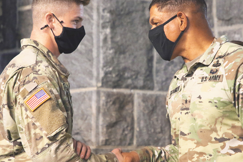 Commandant, Brig. Gen. Mark Quander, disseminated 16 Centurion Pins to the cadet sports competitive club captains during a ceremony Monday at the Cadet Mess Hall. (Right) Class of 2022 Cadet and student-athlete coordinator Paris Williams poses with her new accoutrement.  This recognition was created by former Commandant of the U.S. Corps of Cadets, retired Maj. Gen. William Rapp, in 2009 to honor those cadet leaders for their accomplishments and dedication to the competitive sports clubs, and to expand