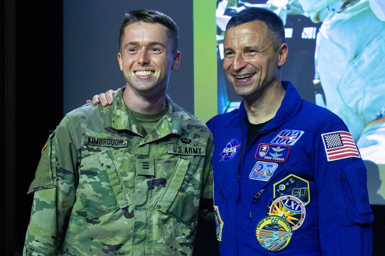 Class of 2022 Cadet Zachary Kimbrough (left) and U.S. Military Academy Class of 1998 graduate and National Aeronautics and Space Administration Astronaut Andrew Morgan (right) pose for a photo Sept. 8 at Robinson Auditorium.