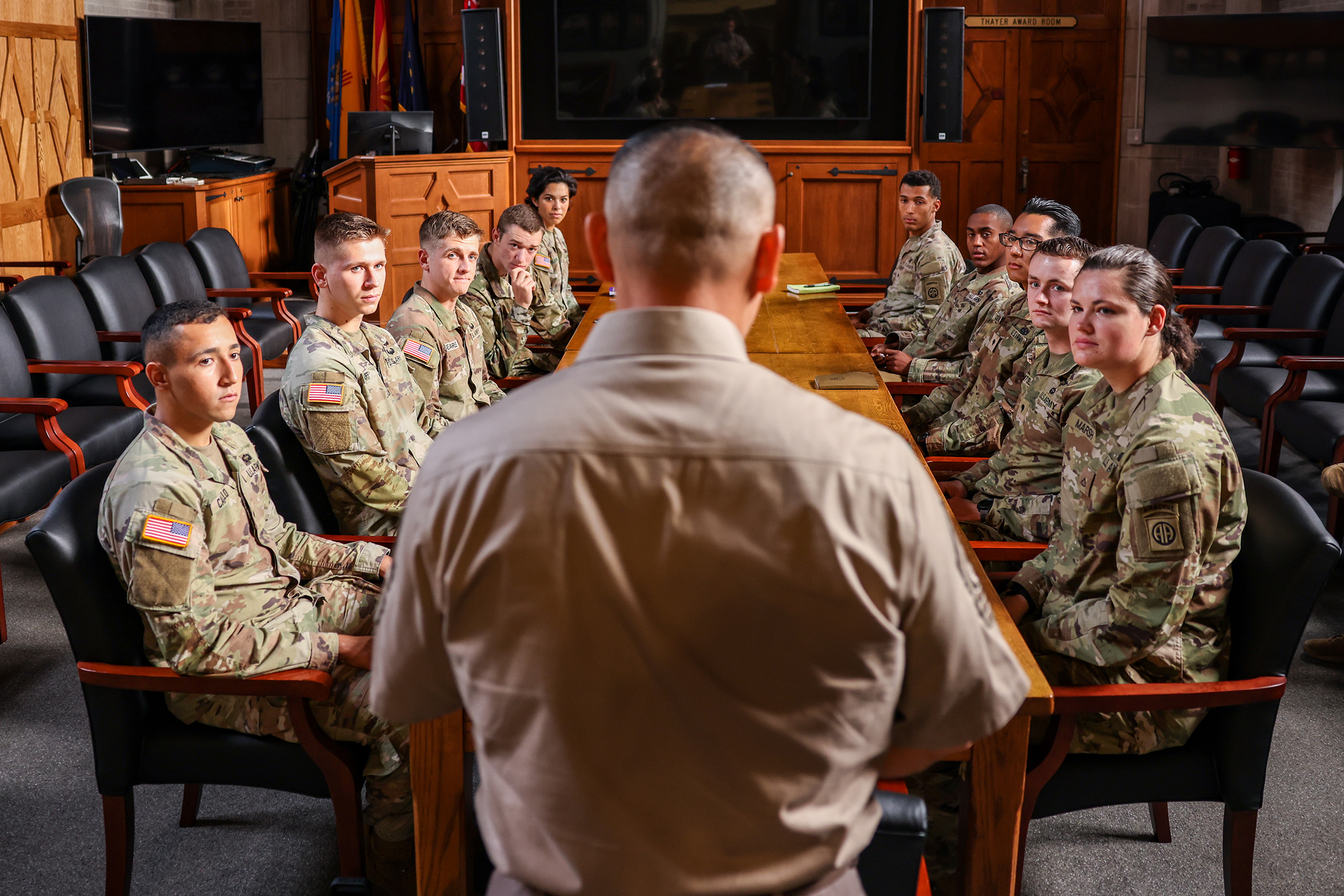 Command Sgt. Maj. Phil Barretto, the U.S. Military Academy (USMA) command sergeant major, spoke with Sgt. Onias Jones, Spc. Robynn Oblepias, Spc. Frederick Swingle, Spc. Kevin Mitchell, Pfc. Jessica Marsh, Pfc. Cameron Bell, Pfc. Oziel Carrillo, Pfc. Adan Cuevas, Pvt. Lugh Huff and Pvt. Jonathan Searle – 10 soldier candidates from the 82nd Airborne Division – to discuss the transition from enlisted to a USMA cadet Sept. 8 inside the Superintendent's Conference Room at West Point. Two soldiers received Lette