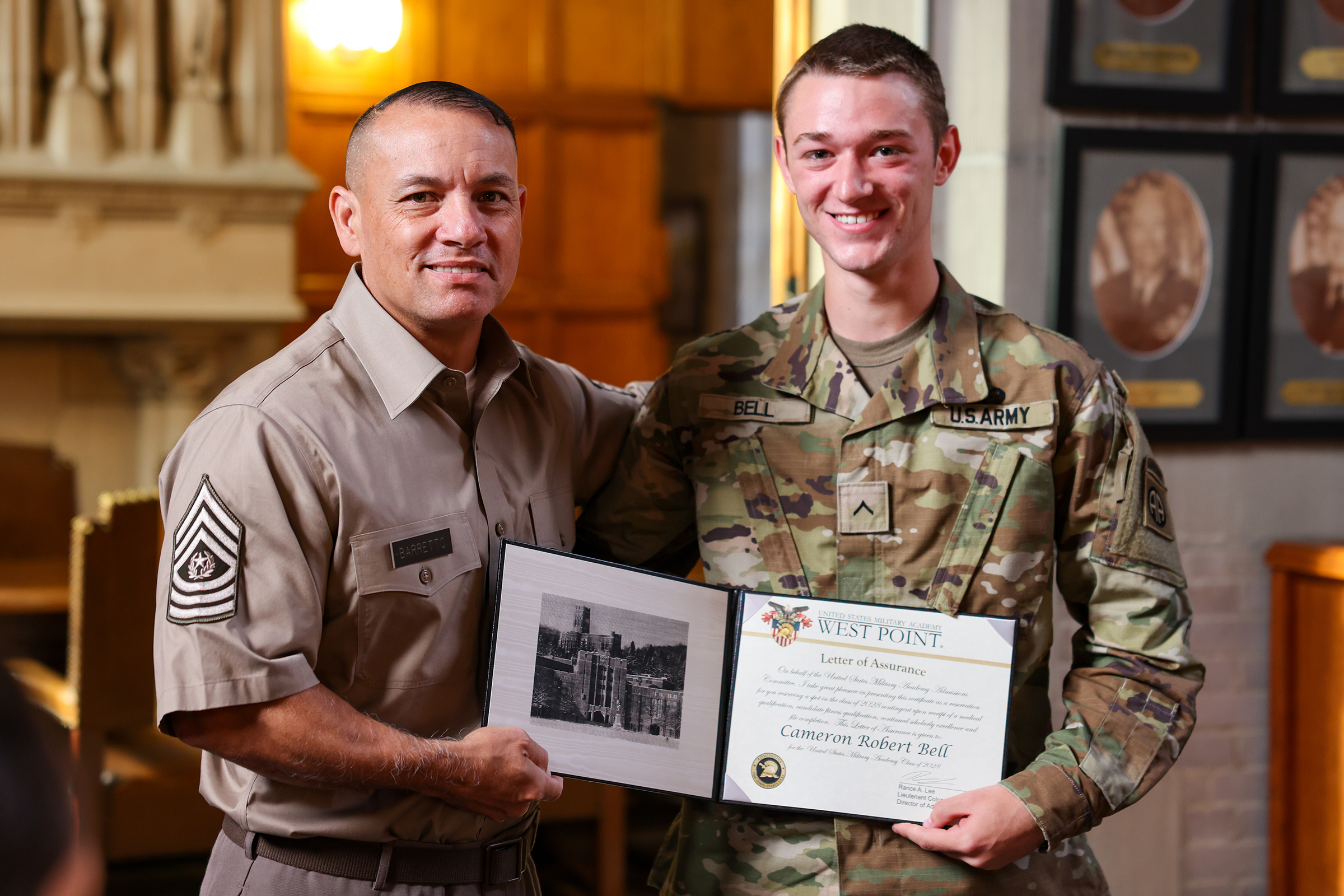 Command Sgt. Maj. Phil Barretto, the U.S. Military Academy (USMA) command sergeant major, spoke with Sgt. Onias Jones, Spc. Robynn Oblepias, Spc. Frederick Swingle, Spc. Kevin Mitchell, Pfc. Jessica Marsh, Pfc. Cameron Bell, Pfc. Oziel Carrillo, Pfc. Adan Cuevas, Pvt. Lugh Huff and Pvt. Jonathan Searle – 10 soldier candidates from the 82nd Airborne Division – to discuss the transition from enlisted to a USMA cadet Sept. 8 inside the Superintendent's Conference Room at West Point. Two soldiers received Lette