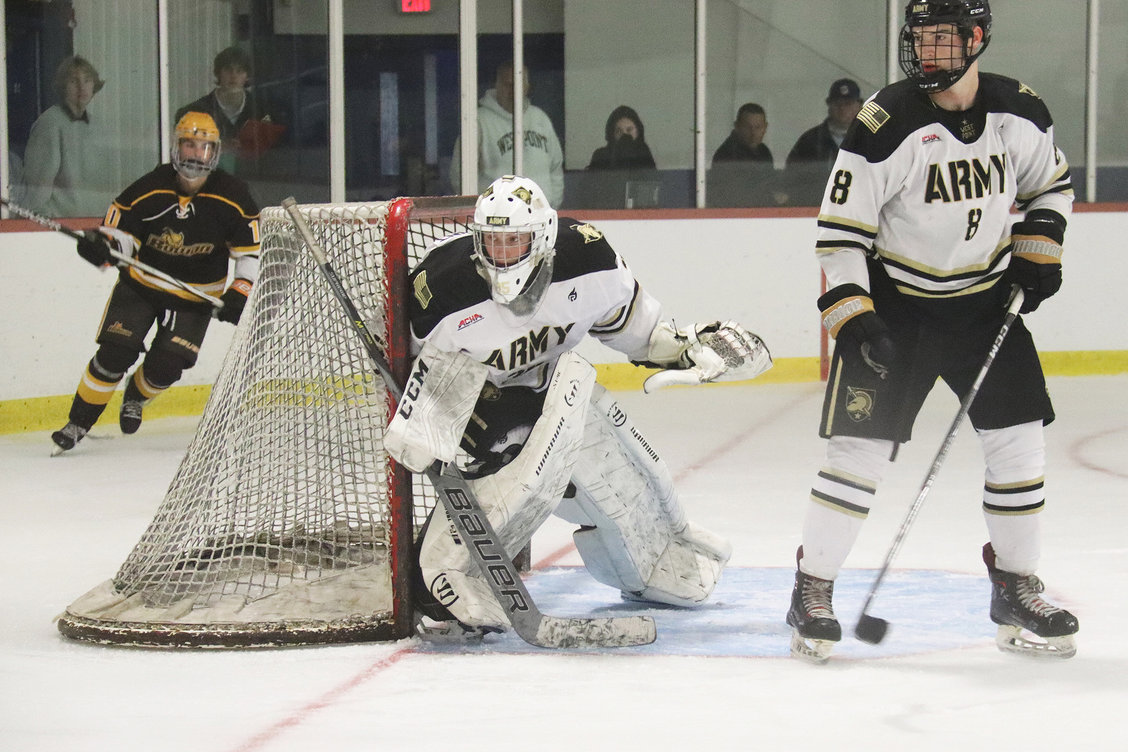 The Army West Point Club Hockey team split a two-game nonconference series against Rowan University over the weekend. The Black Knights prevailed 10-4 on Sept. 22 before losing 4-3 in a shootout on Sept. 23 at the Ice Time Sports Complex in Newburgh, New York.    (Courtesy Photo)