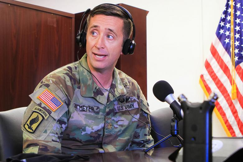 Maj. John Meyer, the Officer Chief Legislative Liaison (OCLL) at the Pentagon, discusses his experience during his deployment to Afghanistan in an interview at West Point for the syndicated Podcast, the Sphere, on Oct. 22. In July 27, 2007, Meyer conducted patrols along the mountainous Afghanistan valley, near Kunar Province, when a firefight broke out between Meyer’s Bulldog troop and enemy insurgents. 