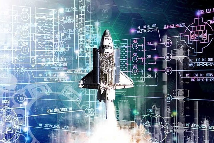 rocket in flight surrounded by math calculations