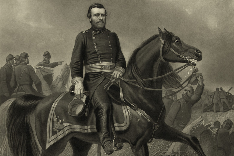 Sepia image of Grant riding a horse in battle
