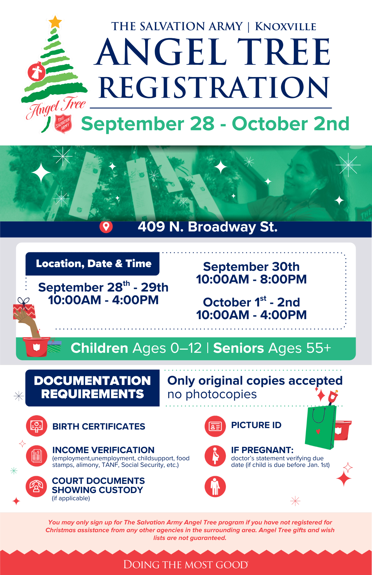 Angel Tree Registration flyer for Knoxville - September 28 through October 2, 2026 at 409 N. Broadway St., Knoxville TN