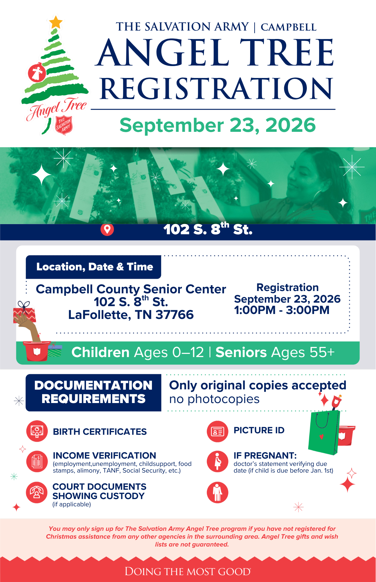 Angel Tree Registration flyer for Campbell County - September 23, 2026, Campbell County Senior Center, 102 S. 8th St., LaFollette TN