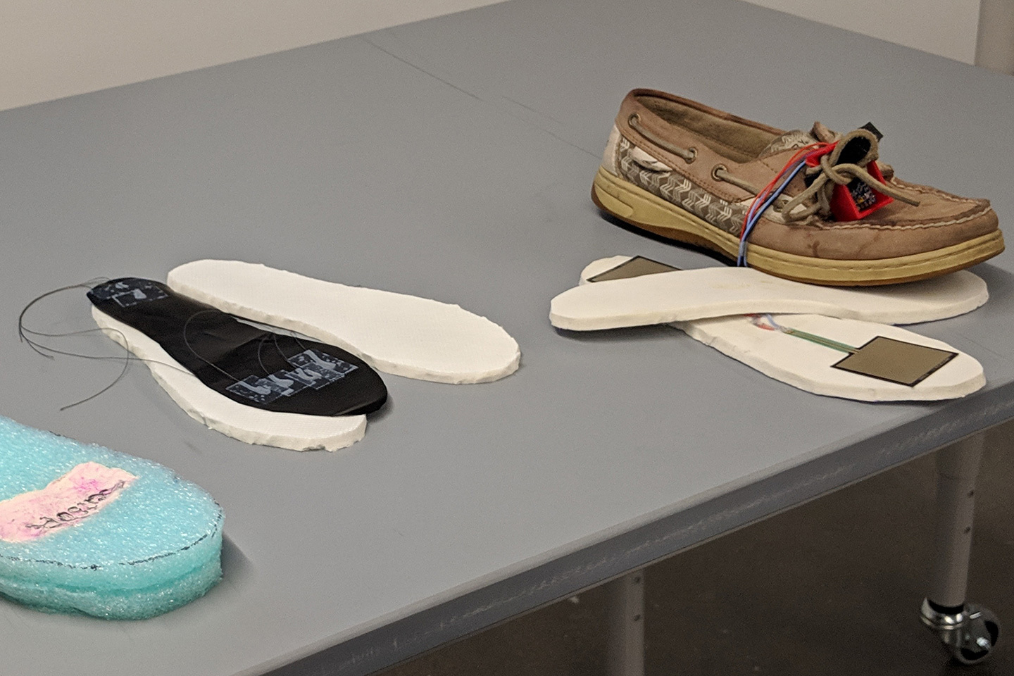 A prototype shoe insole to help detect diabetic neuropathy.