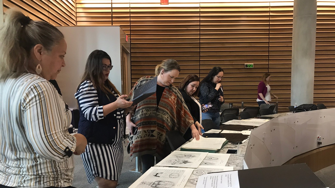 Health professions teachers examine medical literature during a professional development workshop.