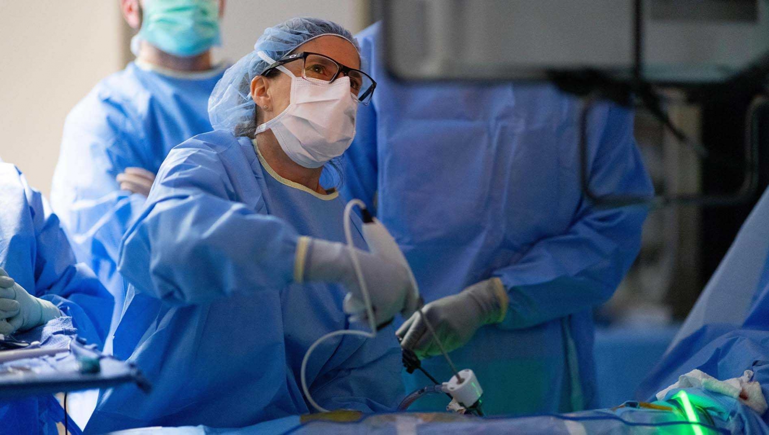 A doctor in an operating room removes a kidney for transplant.