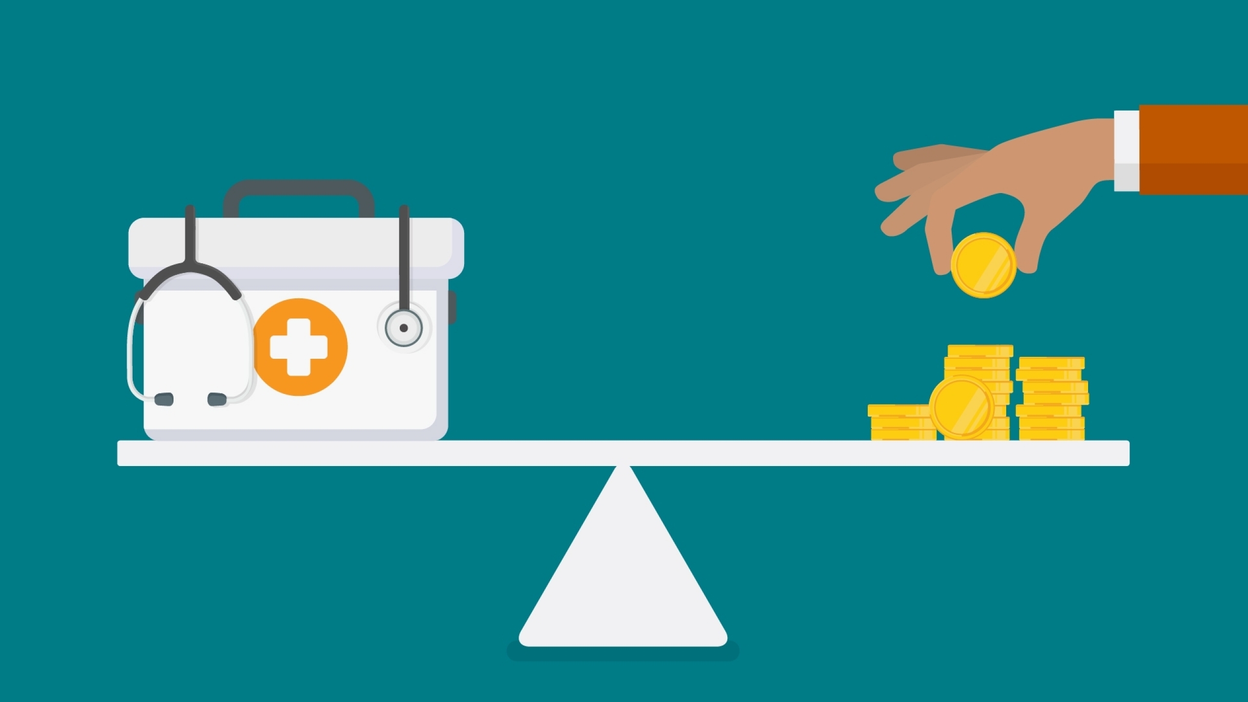 Illustration of a scale with health care represented on the left and money on the right.