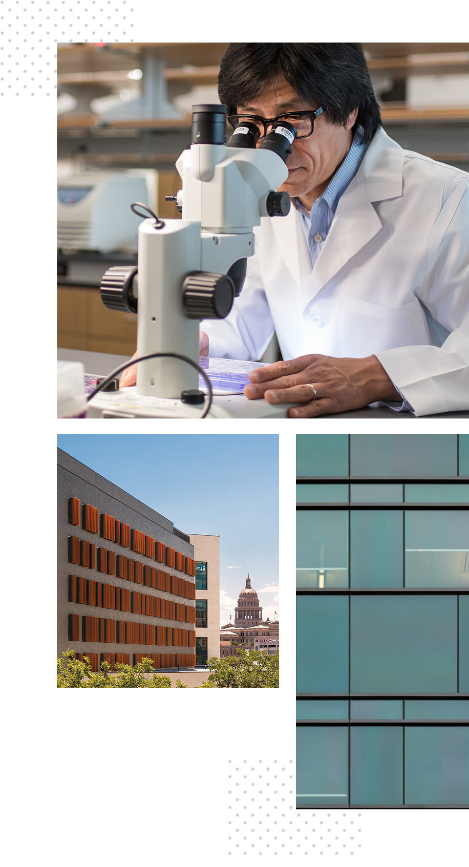Researcher and Dell Medical School's Health Discovery Building.