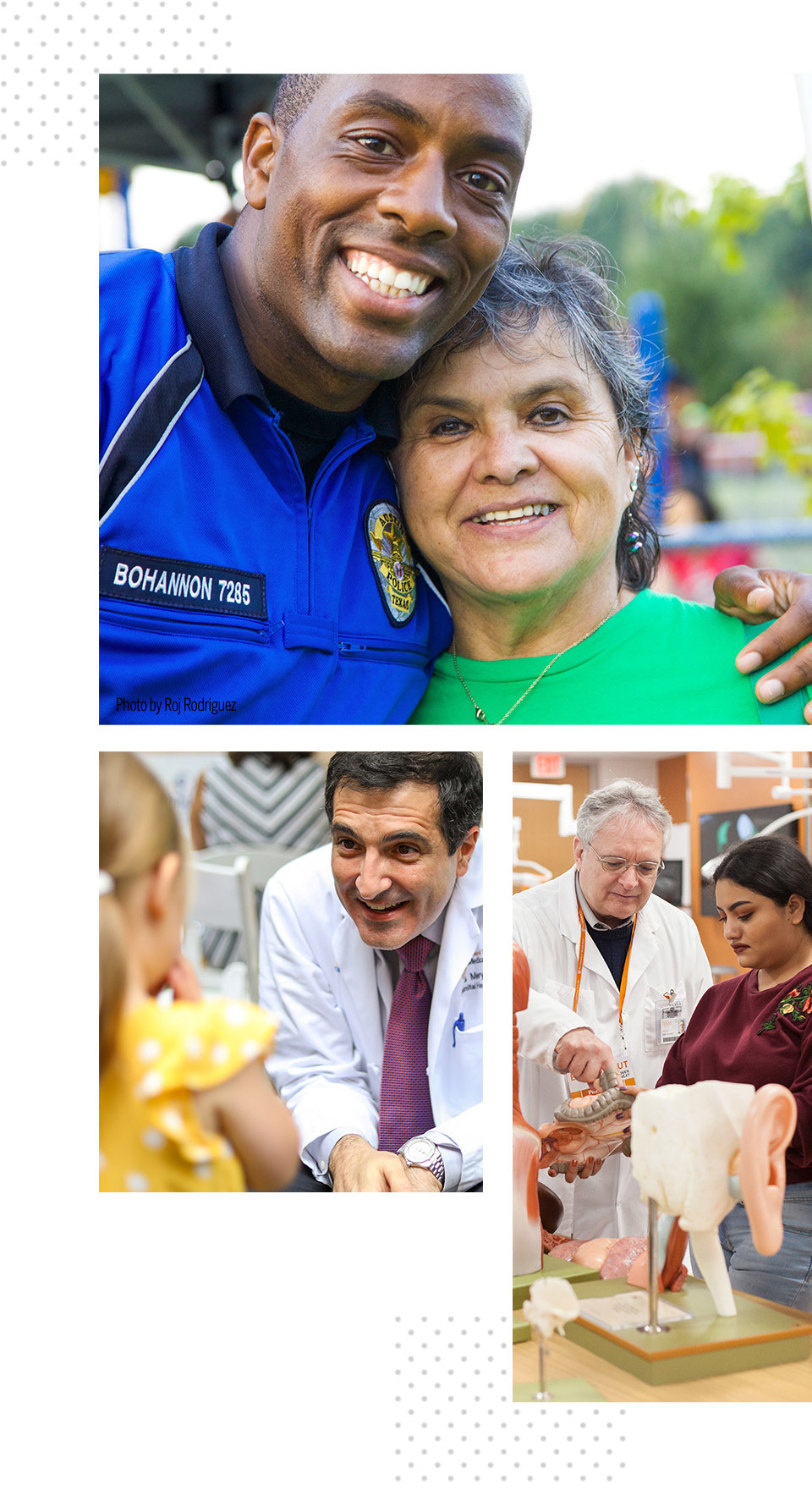 Collage of a photo of a security officer with a woman, a photo of a doctor with a patient and a third of a doctor with a medical student.