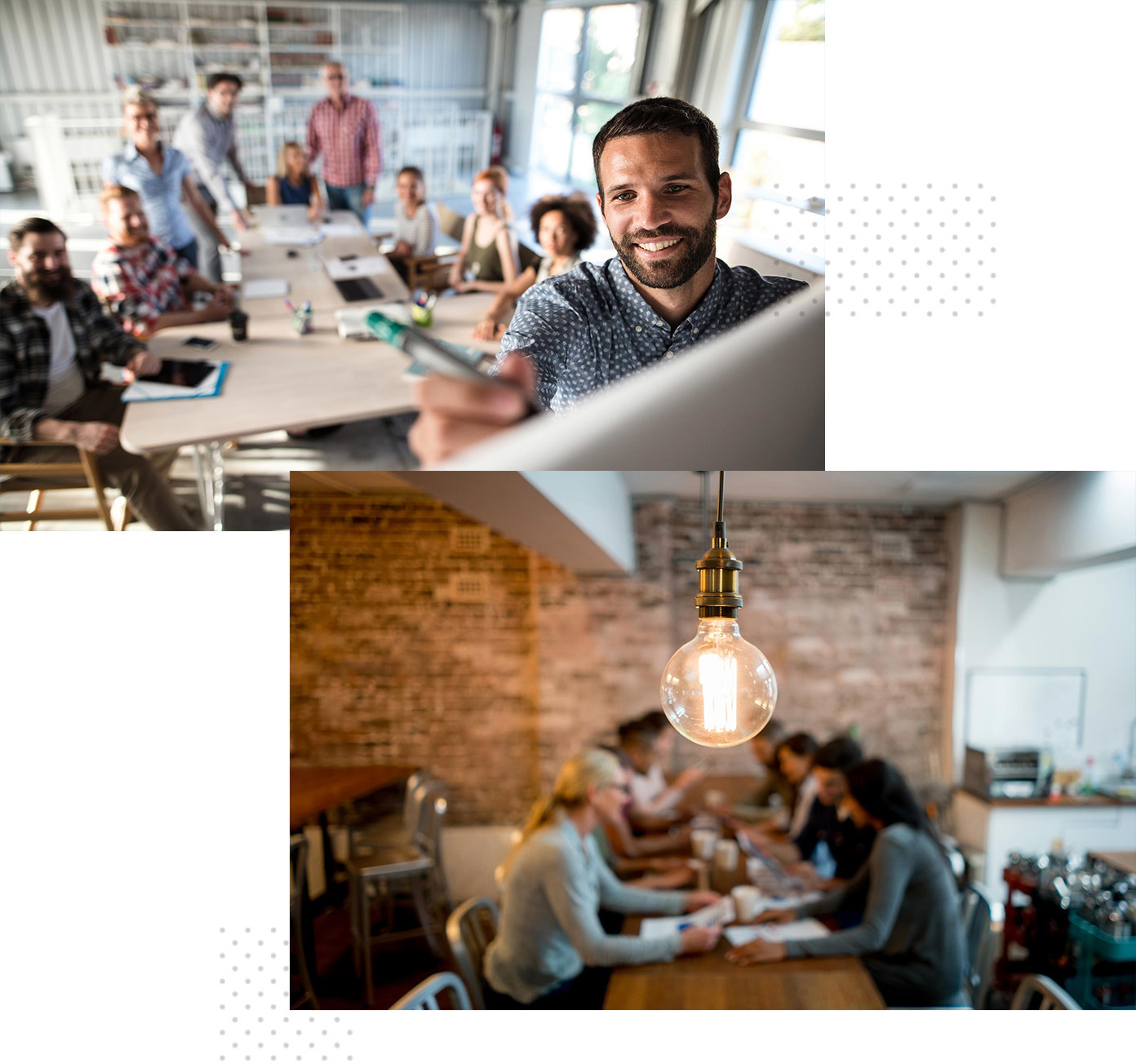 Collaborators writing on a whiteboard and people sitting at a table under a large lightbulb.