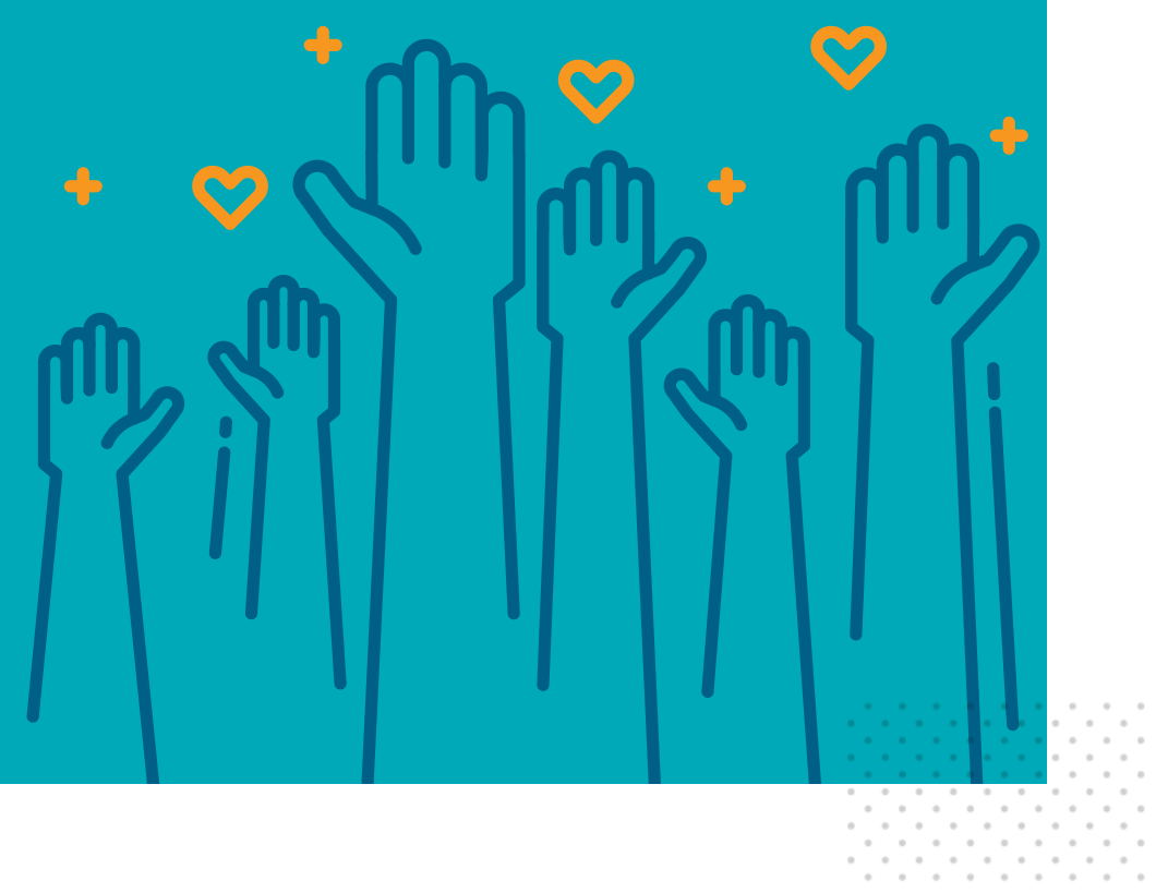 Raised hands and hearts. Illustration.