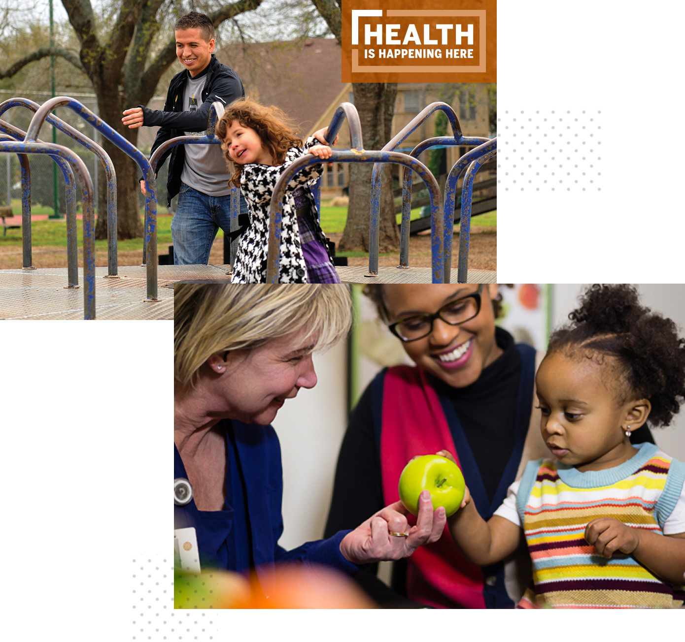 Community members on a playground and in the doctor's office.