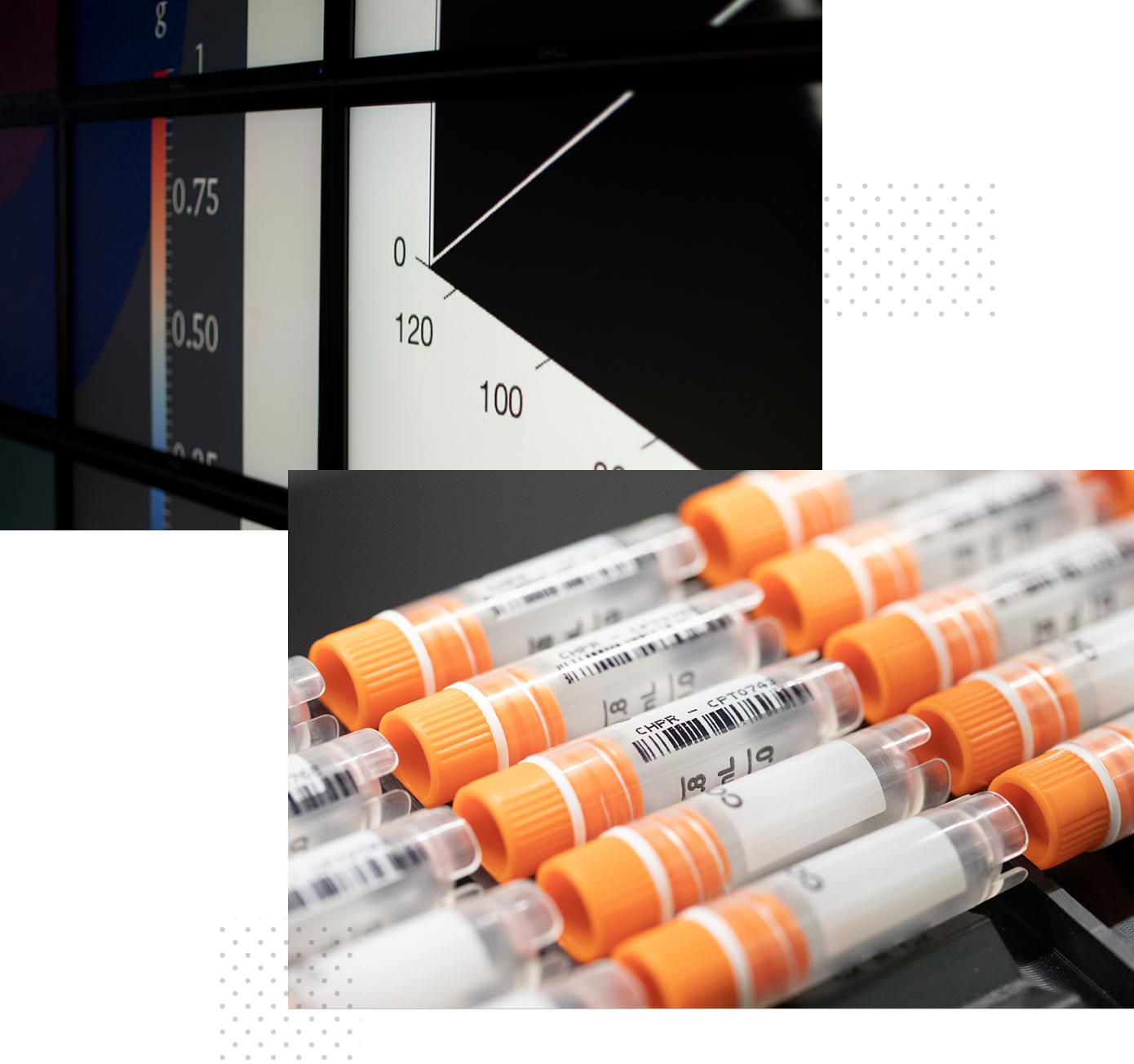 Data visualization on monitors and rows of a medical research product.