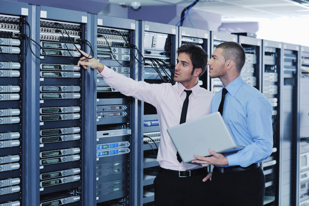 Two health IT staff members examine systems.