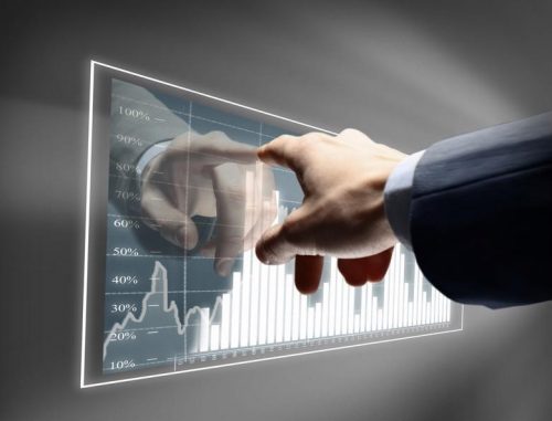 A finance professional inspects a graph.